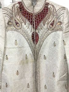 Offers🎇Creamy White And Maroon Sherwani