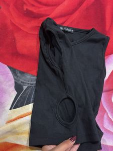 Zara Black Ribbed Cut-Out Crop Top