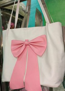 Cute White Tote Bag with Pink Bow