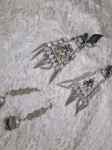 Oxidized Silver Earrings with Mirror Work