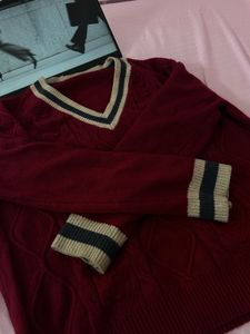 Burgundy Cable Knit V-Neck Sweater