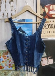 Boho Denim Crop Top with Fringe
