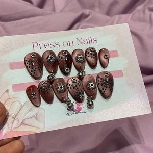 Navratri Cat eye press on nails,Gothic Druzy Pres