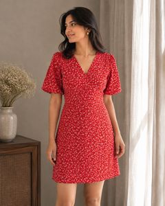 Red Floral Mini Dress with V-Neck