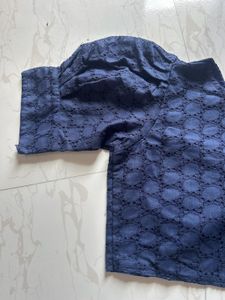 Navy Blue Embroidered Puff Sleeve Blouse
