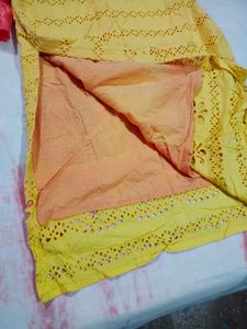 Yellow Chikankari Kurta with Pink Sleeves
