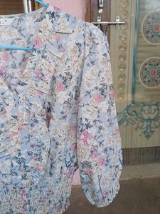 Floral Ruffled V-Neck Smocked Blouse
