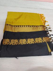 Yellow &amp; Black Elephant Border Saree