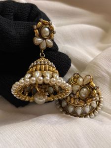 Elegant Pearl &amp; Gold Jhumka Earrings