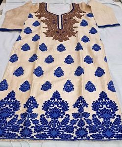 Beige &amp; Royal Blue Embroidered Raw Silk Kurti Set