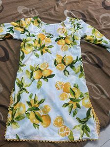 Lemon Bloom Printed Straight Kurti with Lace Detai