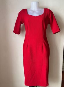 Tailored Chic Red Square Neck Midi Dress