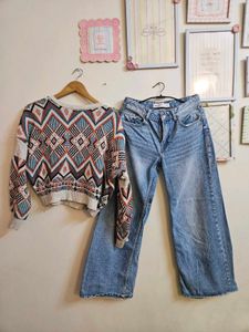 Boho Geo Print Sweater & Wide Leg Jeans
