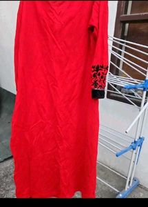 Vibrant Red Woollen Kurta with Black Embroidery