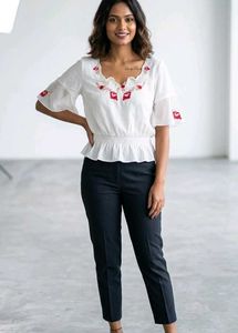 Embroidered Peplum Top with Ruffle Sleeves