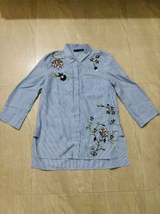 Stylish Blue Striped Embroidered Shirt