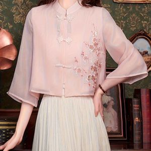 Elegant Pink Embroidered Mandarin Collar Blouse