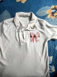 White Polo T-Shirt with Pink Bow