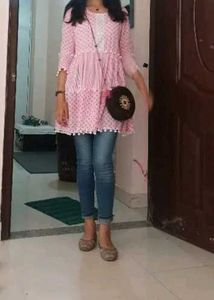 Pink Tiered Kurta with Pom-Pom Trim