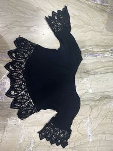 Black Lace Trim Bell Sleeve Top