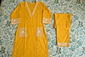 Yellow Kurta Set with White Embroidery