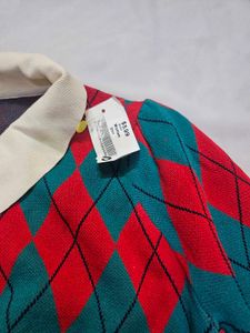 SHEIN Retro Argyle Polo Pattern Puff Sleeve Knit T