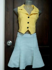 Retro Yellow Vest & Blue Skirt Set