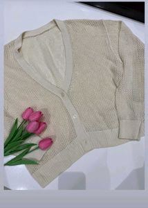 Cream Mesh Knit Button-Up Cardigan