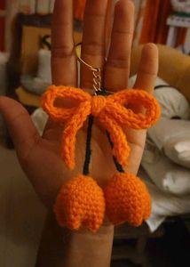 Handmade Crochet Orange Bow Keychain