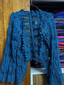 Teal Crochet Open Front Cardigan