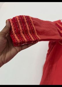 Elegant Red Kurta with Embellished Neckline-s