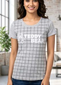 Cute "Teddy Bear" Grid Print Casual Cotton Tee