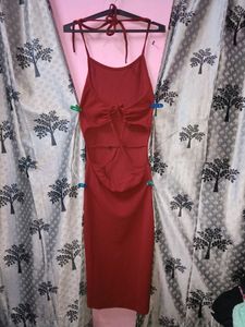 Backless Maroon Halter Neck Midi Dress
