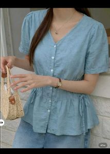 Blue V-Neck Peplum Top