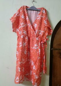 Coral Wrap Dress with White Floral Print