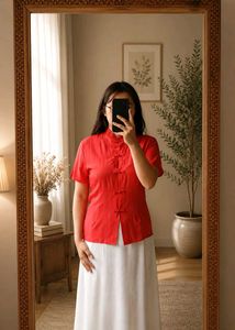 Red Mandarin Collar Top
