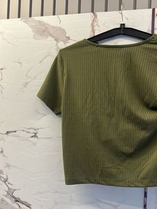 Olive Green Ribbed V-Neck Crop Top, Bust- 34