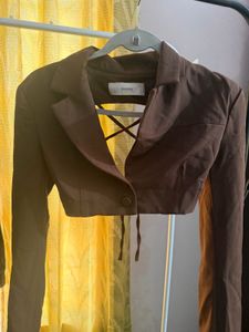 Bershka Brown Cropped Blazer with Back Cutout