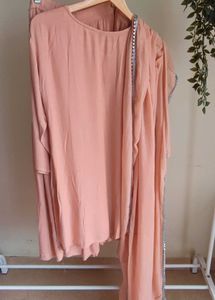 peach cotton long tunic set with dupatta nd pant