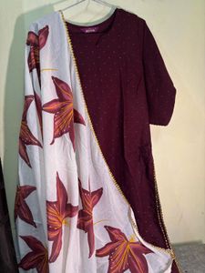 Wine Kurta with Floral Dupatta