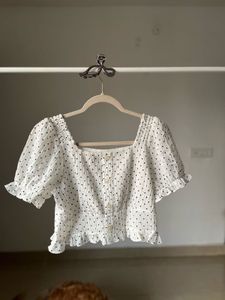 White Polka Dot Puff Sleeve Crop Top