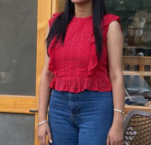 Chic Red Eyelet Ruffle Top