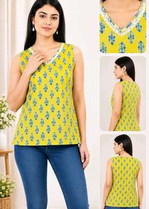 Stylish Yellow Printed Sleeveless Kurta Top