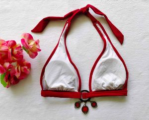 Chic Red Halter Bikini Top with Embellishments