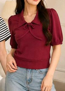 Burgundy Puff Sleeve Collared Top