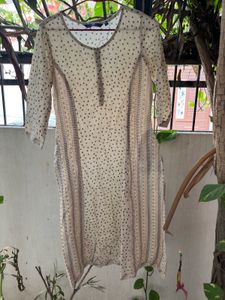 Beige Cotton Kurta with Polka Dots