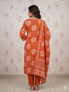 Orange Floral Kurta Set with Dupatta.