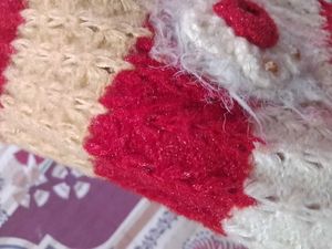 Knitted Red &amp; Beige Beanie Hat with Flower