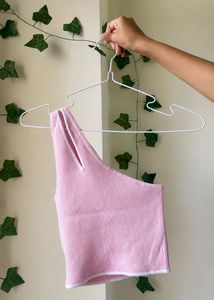 Pink Ribbed One-Shoulder Crop Top