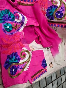 wool work Pink Embroidered Saree